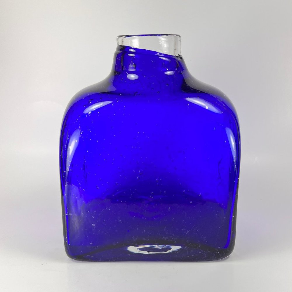 Cobalt Blue Vase Clear Cased Art Glass Hand Blown Bubbles Pattern - Picture 4 of 16